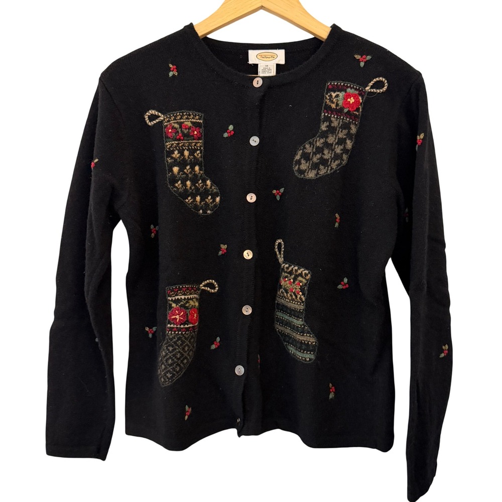 Talbots Cardigan Womens Medium Black Excellent Lambswool Christmas Stocking Knit